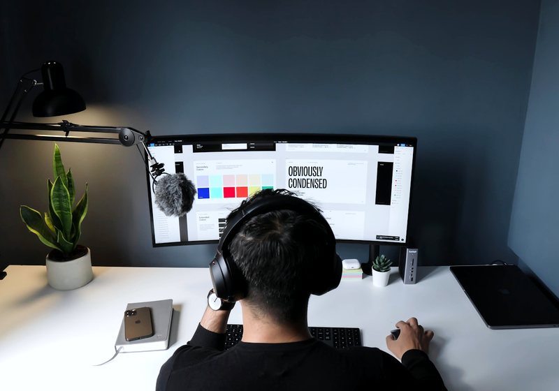 Freelance web designer working on a website design at a home desk setup