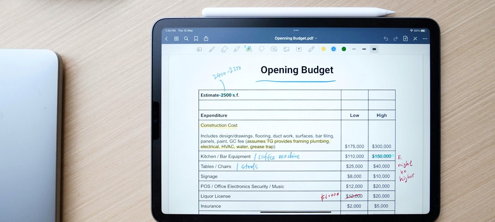 Small business owner reviewing a website budget spreadsheet on a tablet