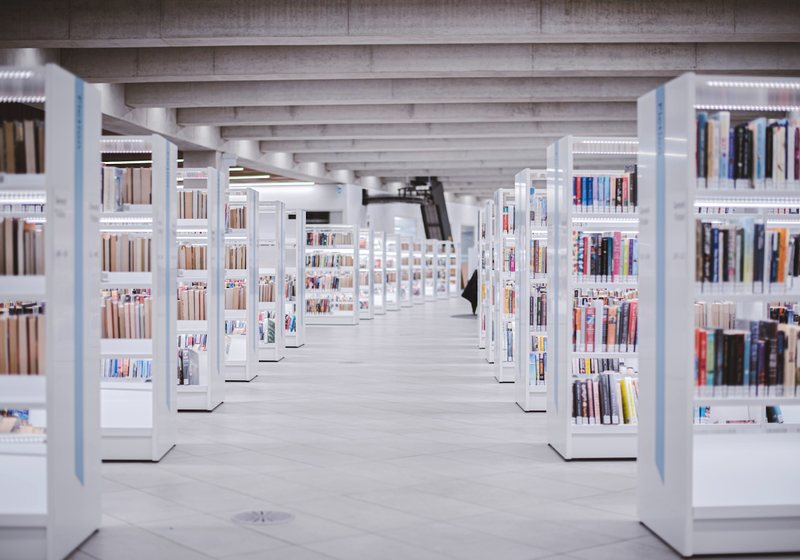 Rows of bookshelves in a modern library