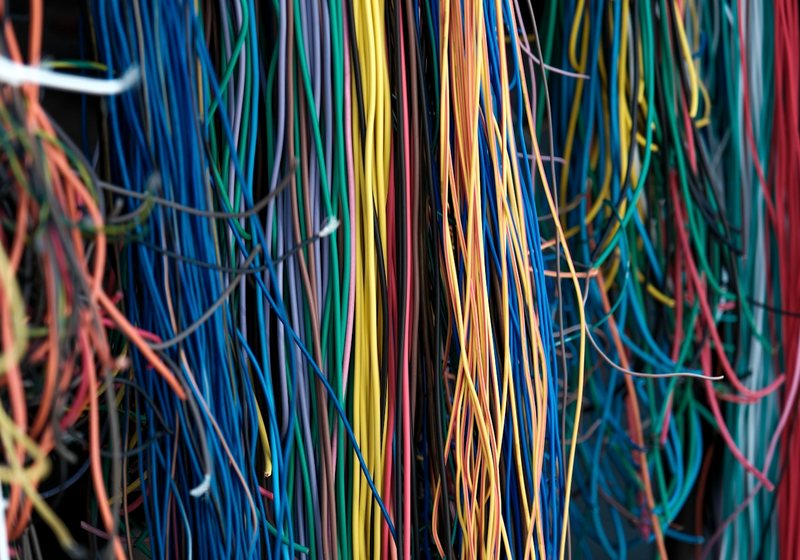 Tangle of colorful cables and wires